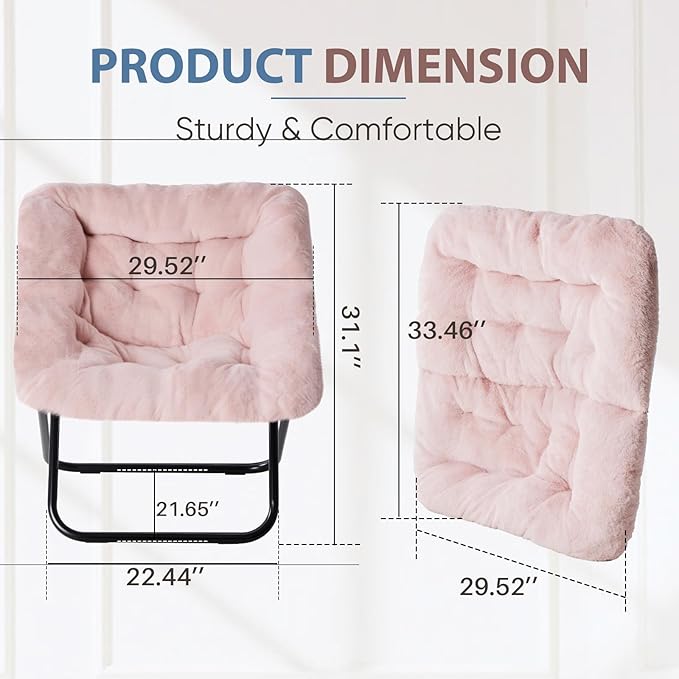 DUMOS Saucer Chair, Foldable Living Room Chairs, Soft Faux Fur Lounge Chair for Bedroom, Reading Chairs for Adults, X-Large (Pink)