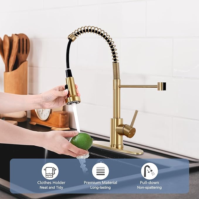 DJS Kitchen Faucets with Pull Down Sprayer Brushed Gold High Arc Single Handle 1 or 3 Holes Spring Kitchen Sink Faucet with Deck Plate for Farmhouse RV Vessel Basin