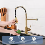 DJS Kitchen Faucets with Pull Down Sprayer Brushed Gold High Arc Single Handle 1 or 3 Holes Spring Kitchen Sink Faucet with Deck Plate for Farmhouse RV Vessel Basin