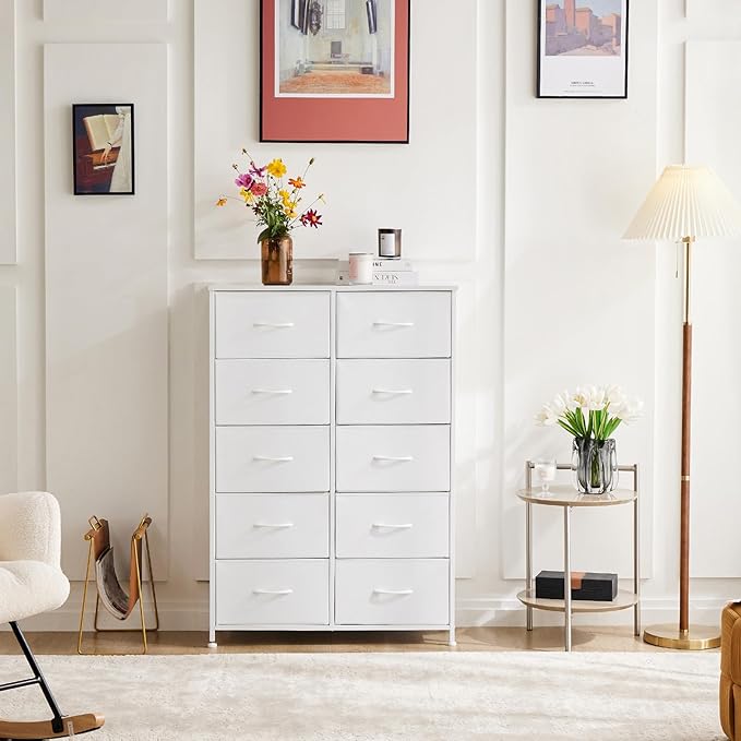 Dresser for Bedroom with 10 Drawers, Anti-Tip Tall Fabric Chests Storage Organizer Tower Furniture with Wooden Top Metal Frame for Clothes, Closet, Living Room, Hallway, Entryway