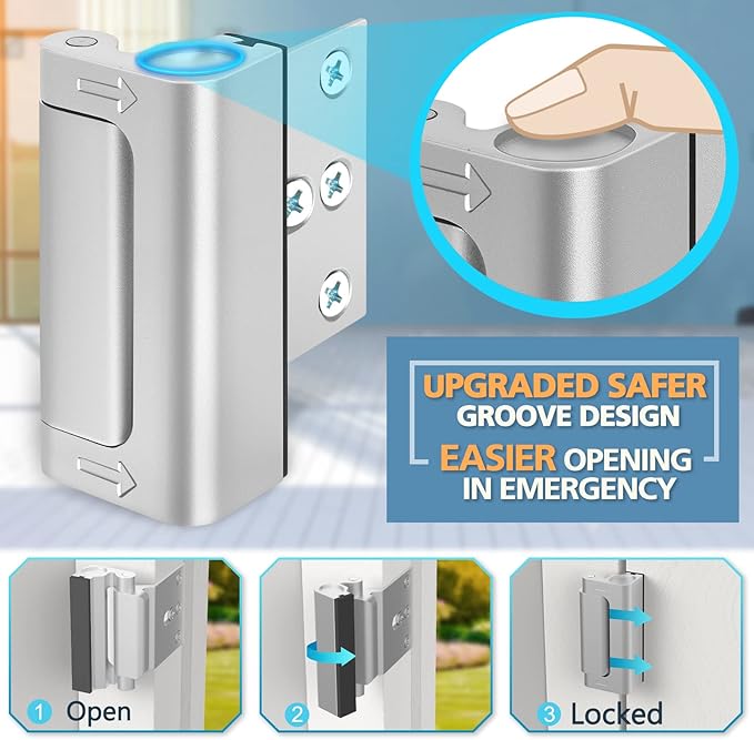 Home Security Door Reinforcement Lock - Safety Child Proof Door Locks with 8 Screws for Inward Swinging Front Doors, Extra Add a Top Lock Inside Withstands 800 lbs Deadbolt Latch, Guard Bedroom Patio