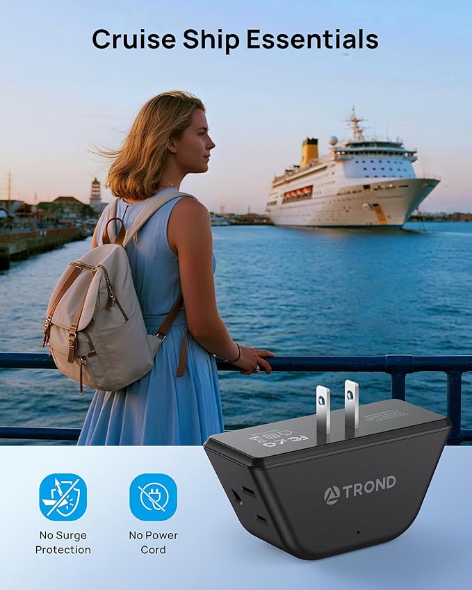 TROND 2 Prong to 3 Prong Outlet Extender, 3-Way Angled Plug Adapter with 3 AC Sockets, Wall Splitter for Non-Grounded Outlets in Old House, Cruise Ship Travel Essentials, Black