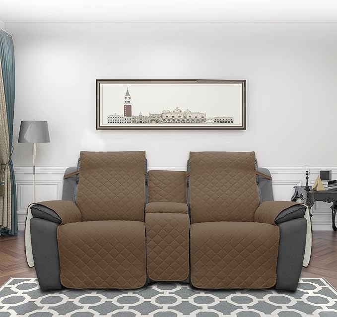 Easy-Going Loveseat Recliner Cover with Console, Reversible Couch Cover for Living Room, Split Sofa Cover for Each Seat with Elastic Straps for Kids, Dogs, Pets(2 Seater, Camel/Ivory)