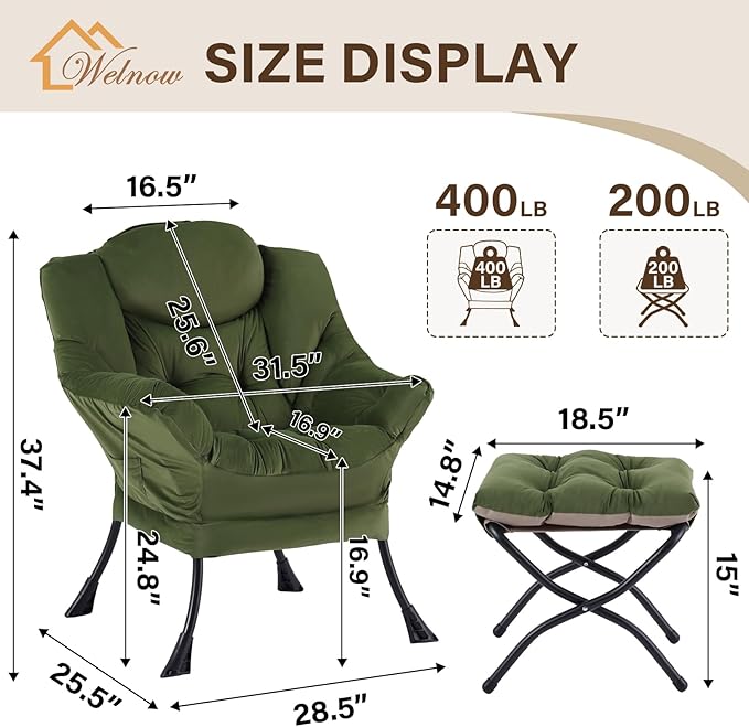 Welnow Lazy Chair with Ottoman, Modern Reading Accent Chair with Armrests and a Side Pocket, Leisure Upholstered Lazy Sofa Set with Footrest for Small Space, Army Green