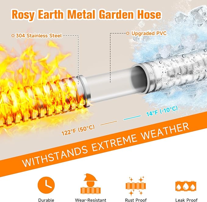 Metal Garden Hose 125 FT - 304 Stainless Steel Water Hose 125 FT - Expandable Short Flexible Garden Hose,no Kink Explosion, no Bite