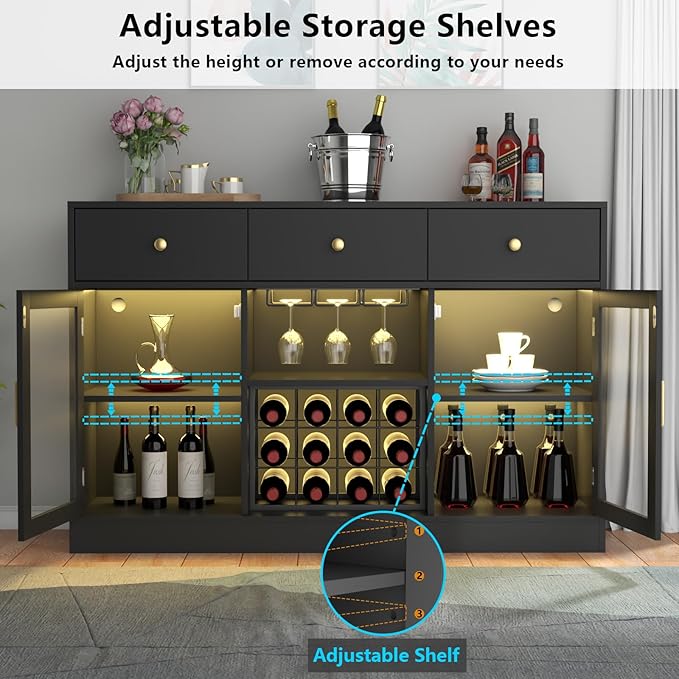 Auromie Wine Bar Cabinet with LED Light, Home Coffee Cabinet with Wine and Glass Rack, Kitchen Buffet Sideboard with Storage Cabinet&Drawers, Modern Liquor Cabinet for Living Room Dining Room (Black.)