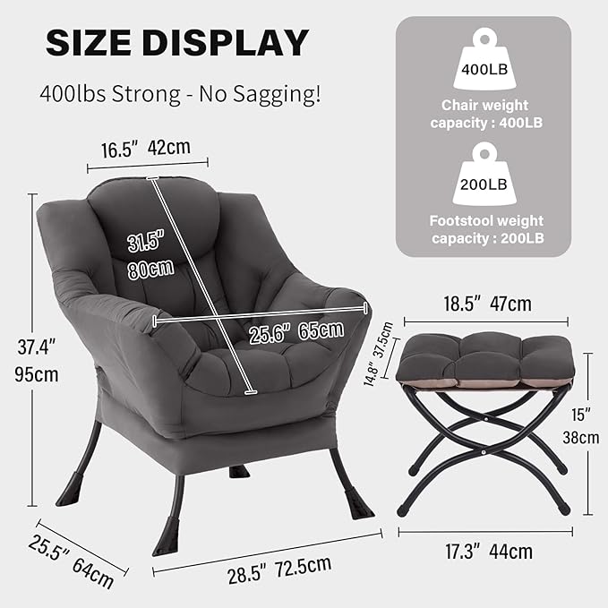 Tiita Lazy Chair with Ottoman, Gray Modern Large Accent Chair, Comfy Leisure Sofa Armchair with Ottoman, Reading Chair with Footrest for Bedroom, Living Room, Dorm Rooms, Garden Dark Grey