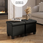 Storage Ottoman Cube with Small Bin, 15-in Square Ottoman with Storage for Living Room and Bedroom, Small Ottomans Foot Rest, Faux Leather Foot Stools Ottomans Max 330lbs, Black