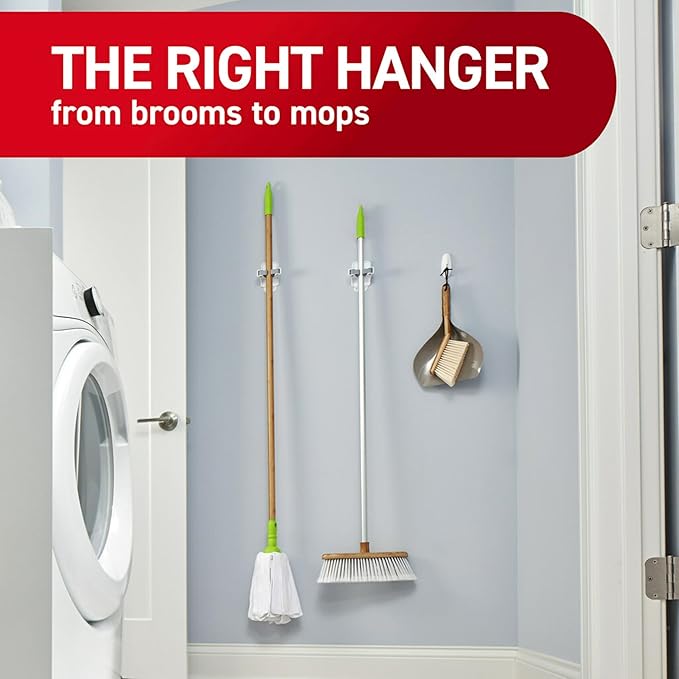 Command Broom Grippers, 3 Hangers and 6 Strips, Damage-Free Mop and Broom Holder Wall Mount, Household Cleaning Tool Organizer for Kitchen, Laundry Room, Closet, Holds up to 4 lb (Pack of 3)