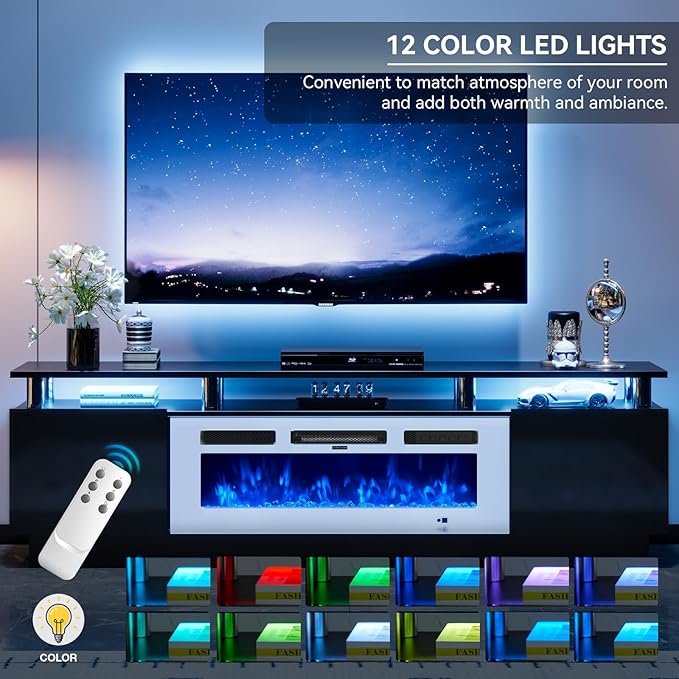 70" TV Stand for Living Room, Modern Entertainment Center & Media Console, Fits TVs up to 80", Storage Cabinet with Shelves, 36" Electric Fireplace with LED Flame