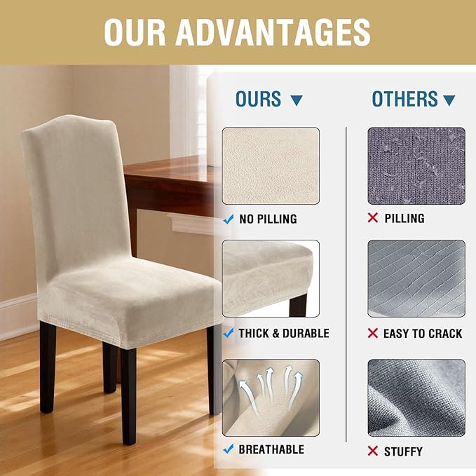 H.VERSAILTEX Dining Chair Covers Velvet Stretch Chair Covers for Dining Room Set of 2 Parson Chair Slipcovers Chair Protectors Covers Dining, Soft Thick Solid Velvet Fabric Washable, Ivory