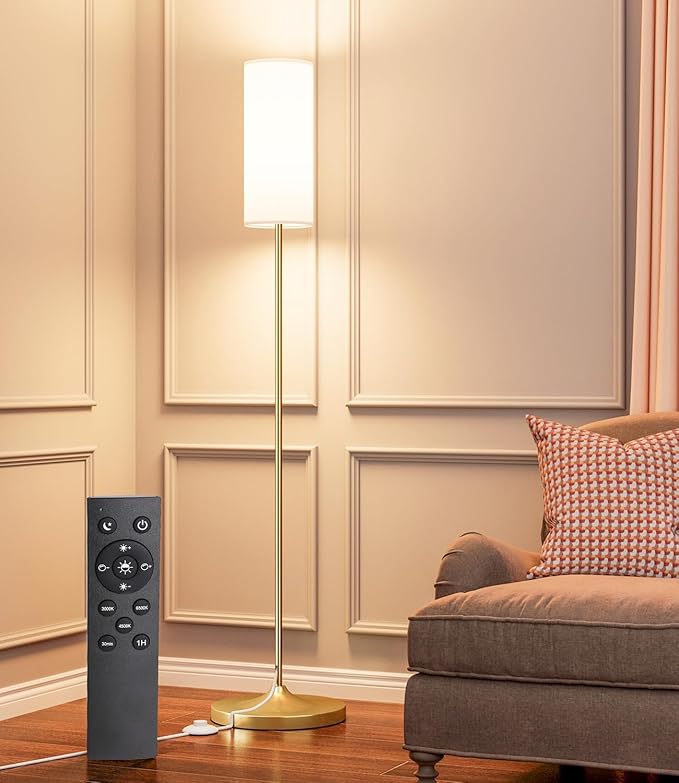 luckystyle LED Floor Lamp for Living Room, Dimmable Standing Lamps with Foot Switch,Remote Custom Color Temperature Gold Pole Lamp with Lampshade,12W Led Bulb Tall Lamps for Bedroom Office Kid Room