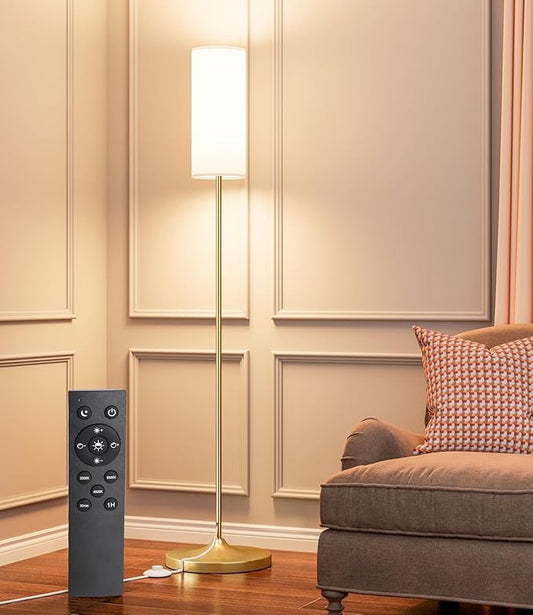 luckystyle LED Floor Lamp for Living Room, Dimmable Standing Lamps with Foot Switch,Remote Custom Color Temperature Gold Pole Lamp with Lampshade,12W Led Bulb Tall Lamps for Bedroom Office Kid Room