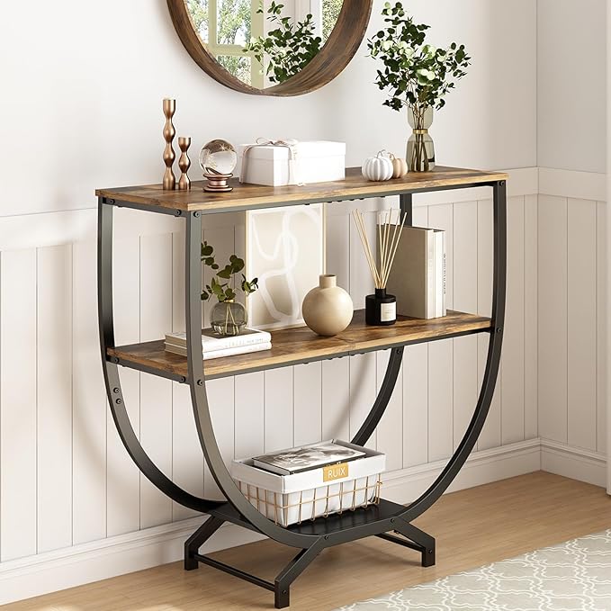 GILLAS 3 Tier Console Tables, 30" Height Entryway Table, Sofa Table Behind Couch, Industrial Entryway Furniture TV Stand with Storage for Living Room, Easy No-Extra-Tools Assembly, Rustic Brown