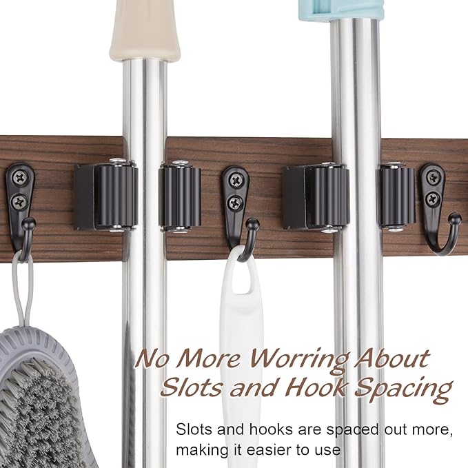 2 Pack Mop Broom Holder Wall Mount - Wood Broom Mop Hanger - Wall Mounted Garden Tool Rack Organizer for Closet Garage Laundry Room Farmhouse Rustic Kitchen Decor With 4 Slots & 4 Hooks
