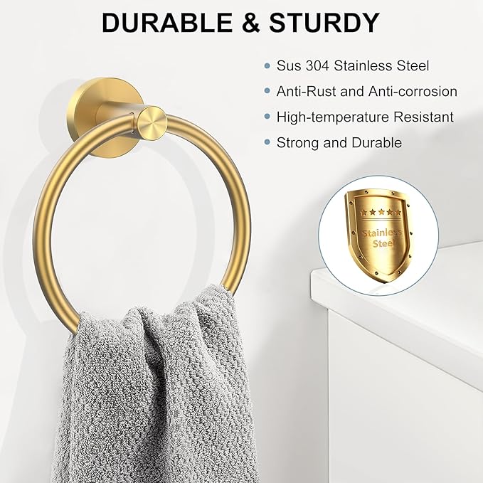 SetSail Towel Holder for Bathroom Wall Screw-in Gold Towel Ring Stainless Steel Hand Towel Holder Heavy Duty Towel Hanger for Bath, Kitchen Drill Hole, 3 Packs