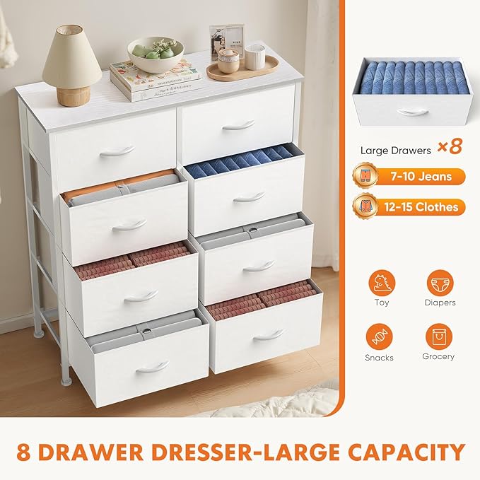 Dresser for Bedroom with 8 Drawers, Anti-Tip Tall Fabric Chests Storage Organizer Tower Furniture with Wooden Top Metal Frame for Clothes, Closet, Living Room, Hallway, Entryway