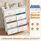Dresser for Bedroom with 8 Drawers, Anti-Tip Tall Fabric Chests Storage Organizer Tower Furniture with Wooden Top Metal Frame for Clothes, Closet, Living Room, Hallway, Entryway
