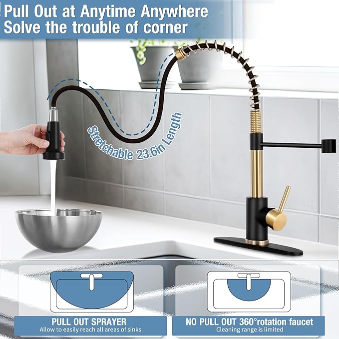 DJS Kitchen Faucets with Pull Down Sprayer Matte Black & Brushed Gold - Single Handle 1 or 3 Holes Spring Kitchen Sink Faucet with Deck Plate for Farmhouse RV Vessel Basin