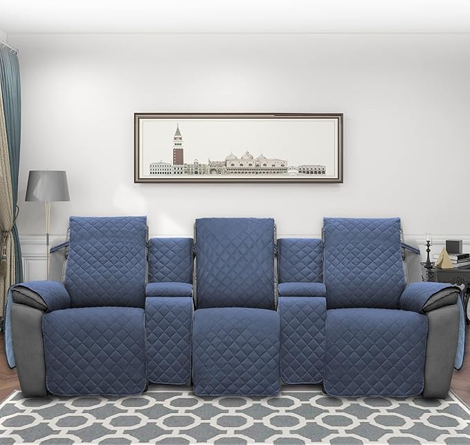 Easy-Going Recliner Sofa Cover with Console, Reversible Couch Cover for Living Room, Split Sofa Cover for Each Seat with Elastic Straps for Kids, Dogs, Pets (3 Seater, Dark Blue/Light Blue)