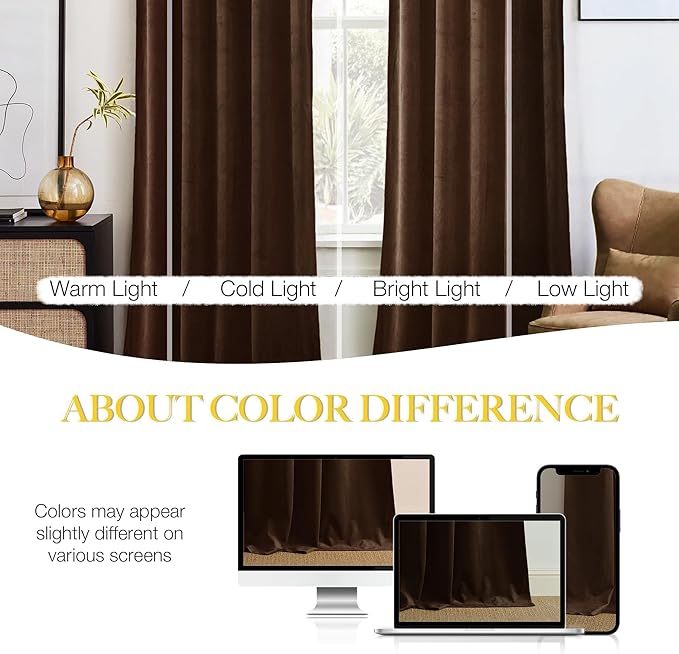 NICETOWN Brown Velvet Curtains 108 inches Long 2 Panel, Blackout Energy Saving Thermal Insulated Sound Reducing Heavy Matt Heat & Chill Resistant Drapes for Home Decoration (52 X 108)