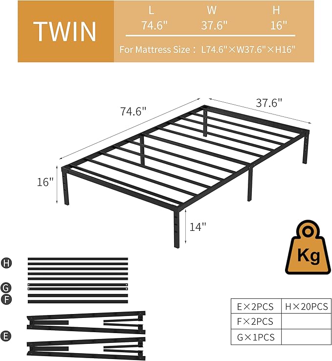 Metal Bed Frame,Twin Size Bed Frame with Storage Space,Heavy Duty Sturdy Mattress Foundation,Easy Assembly,No Box Spring Needed, Black,16 Inch,Twin