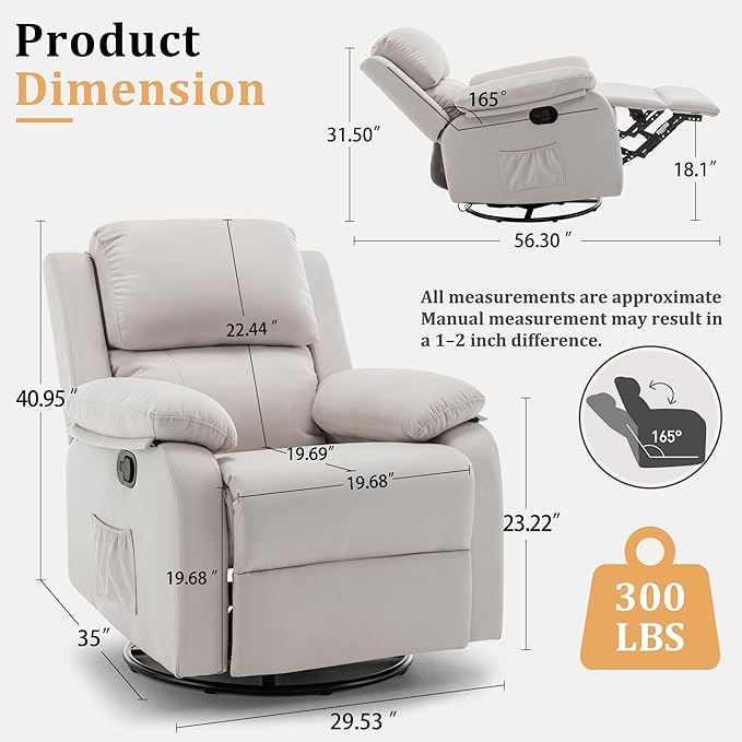 Recliner Chair, 360 Swivel Rocker Chair for Adults, Small Rocking Recliner for Small Spaces, Upholstered Fabric Glider Recliner Nursery (Swivel Rocker Recliner, Off White)