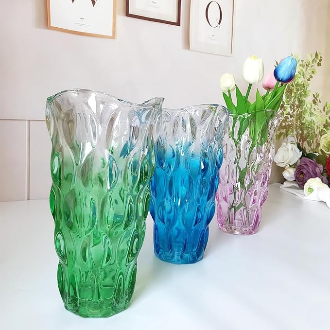 Unbreakable Flower Glass Vase 3.5lb 9.5inch Sparkle vase Bohemian Style, for Centerpieces,Kitchen,Office, Living Room,Wedding,Perfect Home Decor Glass Vase (Gradient Sky Blue)