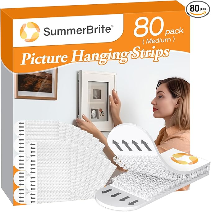 Picture Hanging Strips 80 Strips, Damage Free Removal, Wall Poster Picture Hangers Without Nails, Sticky Hook & Loop Adhesive Strips for Poster/Picture/Home/Office, 40 Pairs/Medium, White