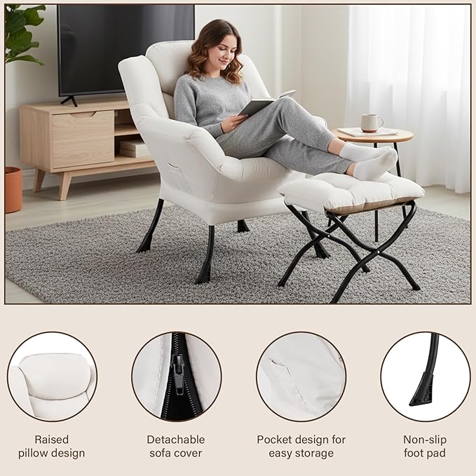 Welnow Lazy Chair with Ottoman, Modern Reading Accent Chair with Armrests and a Side Pocket, Leisure Upholstered Lazy Sofa Set with Footrest for Small Space, Beige