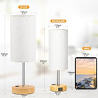 Fenmzee Touch Table Lamp - Cream, 3-Way Dimmable, USB A + C Charging, AC Outlet, 17.4inch Medium, Wood Grain Base