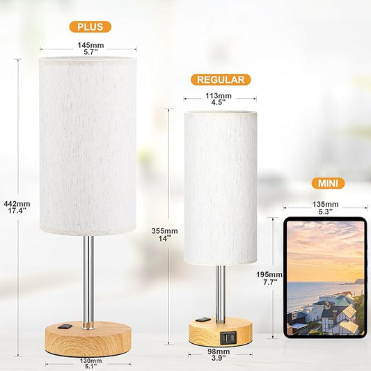 Fenmzee Touch Table Lamp - Cream, 3-Way Dimmable, USB A + C Charging, AC Outlet, 17.4inch Medium, Wood Grain Base