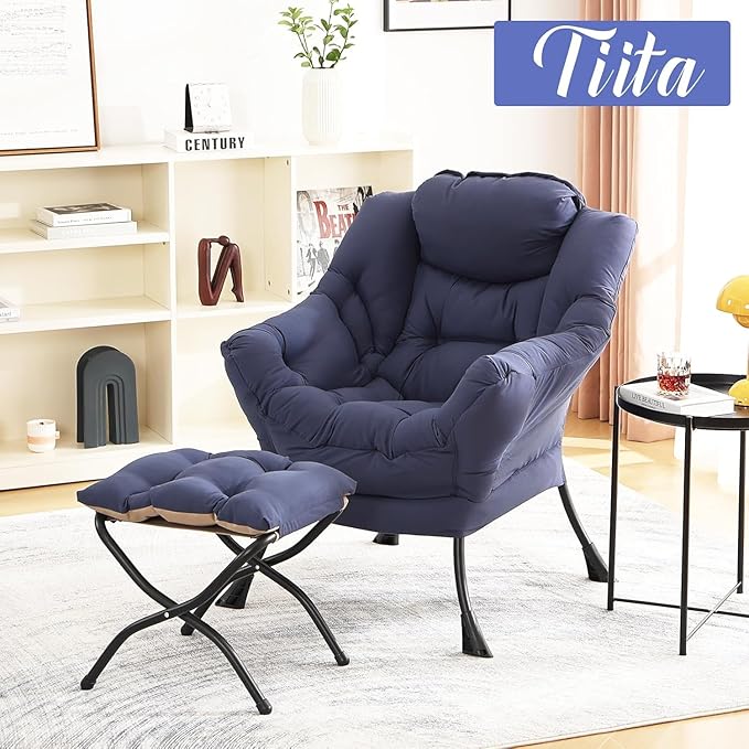 Tiita Lazy Chair with Ottoman, Navy Modern Large Accent Chair, Comfy Leisure Sofa Armchair with Ottoman, Reading Chair with Footrest for Bedroom, Living Room, Dorm Rooms, Navy