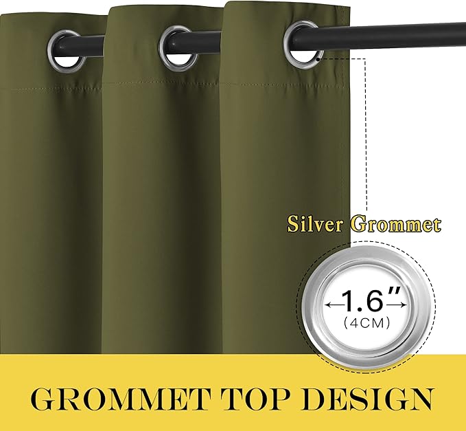 NICETOWN Olive Green Blackout Curtains for Bedroom/Living Room 132 Inch Length - Thermal Insulated Room Darkening Grommet Top Window Curtains (100 by 132 - Inch, 1 Panel)
