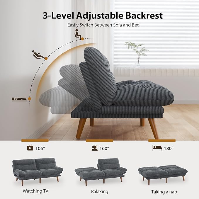 Pipishell Futon Sofa Bed, 66 Inch Corduroy Futon Couch Convertible with Adjustable Backrest and Armrests, Recliner Sleeper Sofa for Small Spaces, Living Room, Office, Guest Room (Grey, 66 Inch)