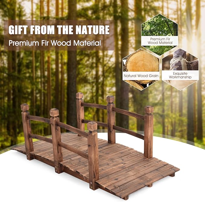 Giantex 5 FT Wooden Garden Bridge, Stained Wood Arc Footbridge with Railings, 400 lbs Capacity, Decorative Pond Bridge for Outdoor Garden Yard Backyard Creek Farm (Brown)