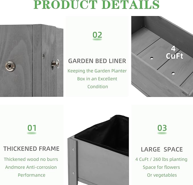 Raised Garden Bed with Legs, 40x20x31'', Solid Wood Elevated Planter Box for Outdoor Backyard Patio