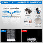Shower Head Combo(Brushed Nickel),8 Inch High Pressure Rain Shower Head with 11 Inch Adjustable Extension Arm and 5 Settings Handheld Shower Head Combo,Powerful Shower Spray Against Low Pressure Water