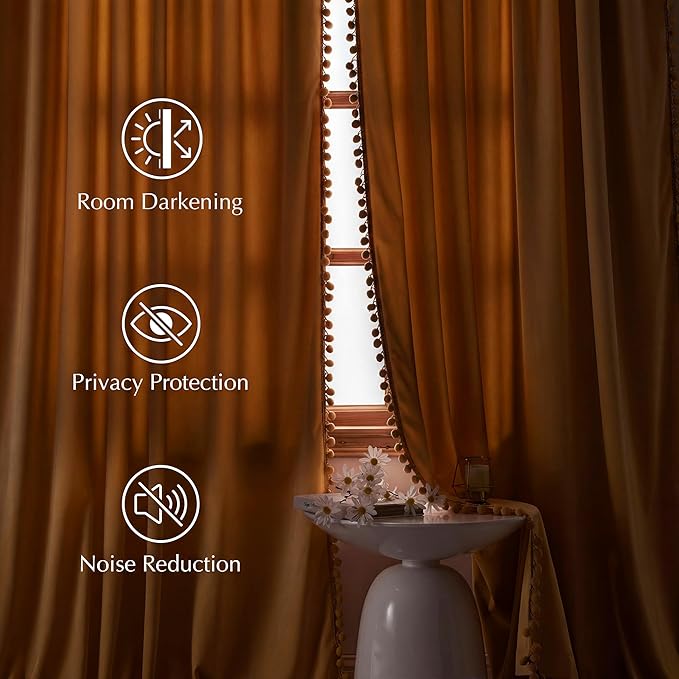 NICETOWN Mustard Gold Pom Pom Velvet Curtains 8 ft Long - Room Darkening Luxurious Drapes for Living Room & Bedroom, Extra Long Window Treatments, 52" W x 96" L, 2 Panels