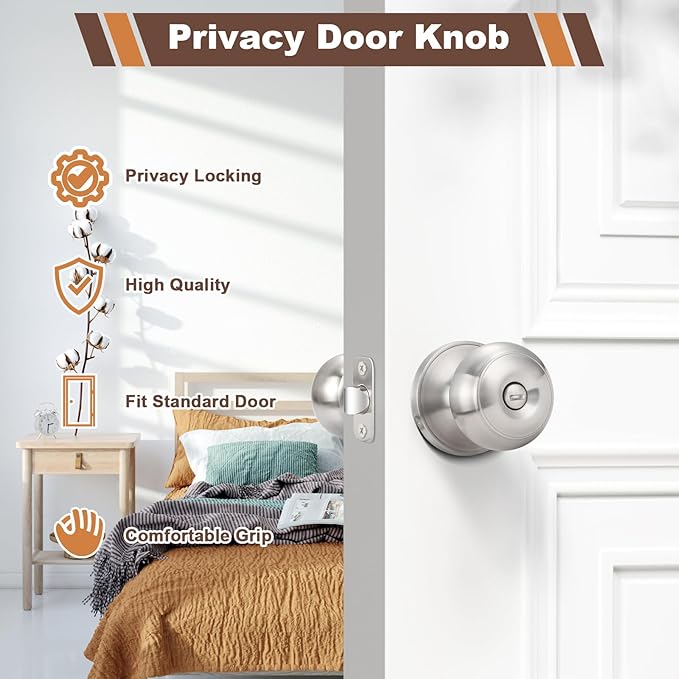 Estmoon 5 Pack Door Knobs Brushed Nickel Interior Keyless Door Lock Privacy Door Handle, Round Ball Silver Knobs for Bathroom Bedroom
