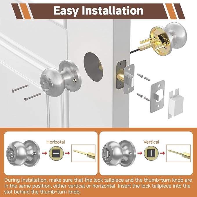 Estmoon 6 Pack Brushed Nickel Door Knobs, Privacy Door Lock Silver Keyless Door Handle with Lock for Bathroom Bedroom, Keyless Door Hardware