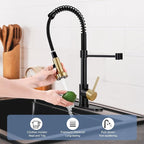 DJS Kitchen Faucets with Pull Down Sprayer Matte Black & Brushed Gold High Arc Single Handle 1 or 3 Holes Spring Kitchen Sink Faucet with Deck Plate for Farmhouse RV Vessel Basin