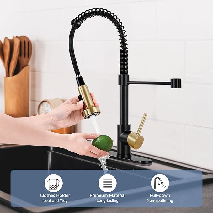 DJS Kitchen Faucets with Pull Down Sprayer Matte Black & Brushed Gold High Arc Single Handle 1 or 3 Holes Spring Kitchen Sink Faucet with Deck Plate for Farmhouse RV Vessel Basin