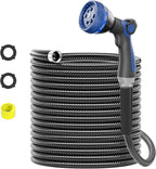 SPECILITE 25ft 304 Stainless Steel Garden Hose Metal, Heavy Duty Water Pipe with Nozzles for Yard, Outdoor - Flexible, Never Kink & Tangle, Puncture Resistant (Black)