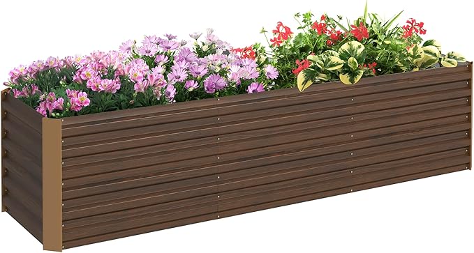 Outsunny 8 x 2 x 2ft Galvanized Raised Garden Bed Kit, Outdoor Metal Elevated Planter Box with Safety Edging, Large Raised Bed for Growing Flowers, Herbs and Vegetables, Brown