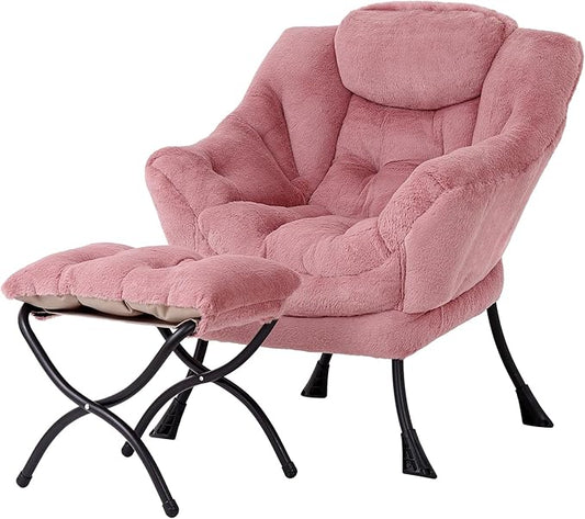 Welnow Lazy Chair with Ottoman, Modern Accent Chair with Armrests and a Side Pocket, Leisure Sofa Armchair Set, Reading Armchair with Footrest for Small Space, Plush Dark Pink