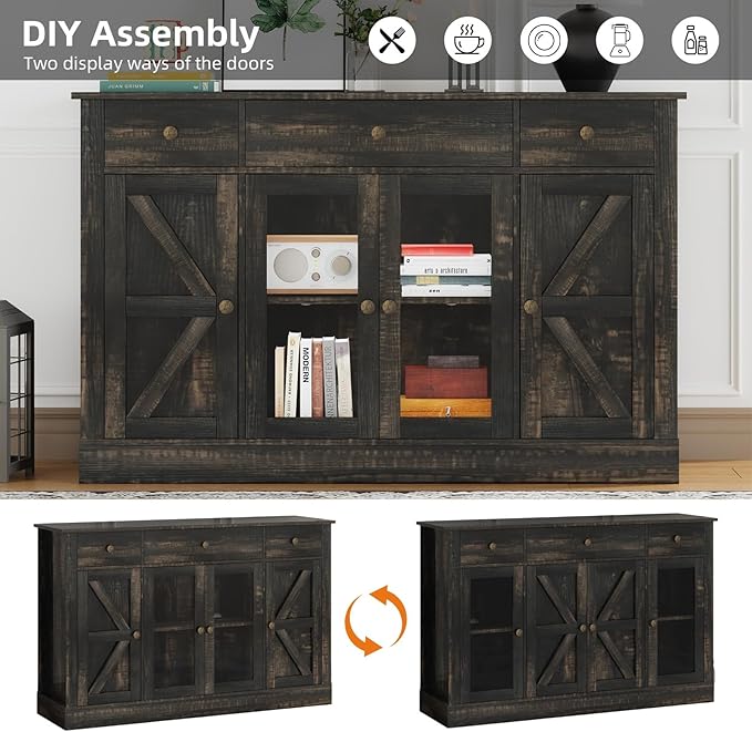 4 EVER WINNER 55" Coffee Bar with 4 Glass Doors and 3 Drawers, Sideboard Buffet Cabinet with Storage, Farmhouse Coffee Bar Cabinet with Adjustable Shelves for Kitchen, Dining Room, Rustic Oak
