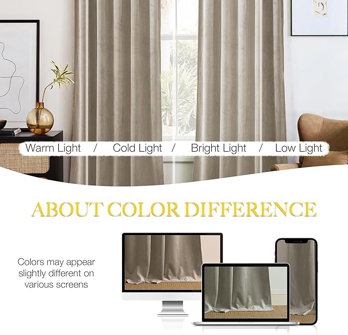 NICETOWN Camel Velvet Curtains 84 Inch Long 52 Wide, Room Darkening Drapes for Bedroom and Living Room Farmhouse Style Window Treatment for Apartment - Room Darkening Energy Saving