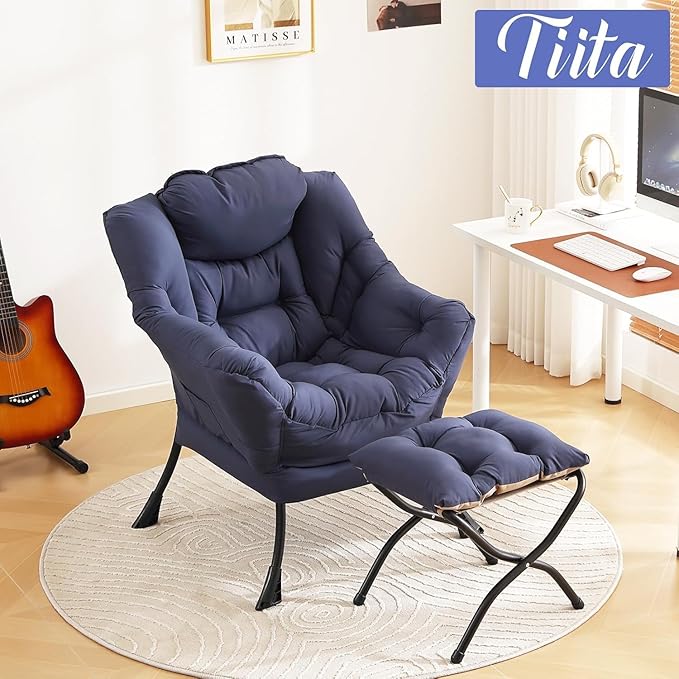 Tiita Lazy Chair with Ottoman, Navy Modern Large Accent Chair, Comfy Leisure Sofa Armchair with Ottoman, Reading Chair with Footrest for Bedroom, Living Room, Dorm Rooms, Navy