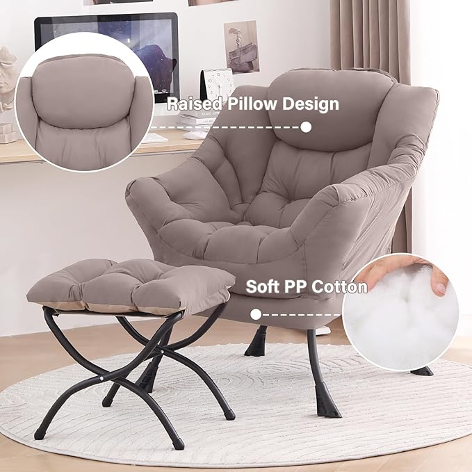 Tiita Lazy Chair with Ottoman, Khaki Modern Large Accent Chair, Comfy Leisure Sofa Armchair with Ottoman, Reading Chair with Footrest for Bedroom, Living Room, Dorm Rooms, Khaki